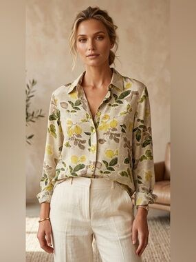 VTG Tess 100% Silk Button Down Blouse - Sage Leaf Botanical Print - Size 12‎